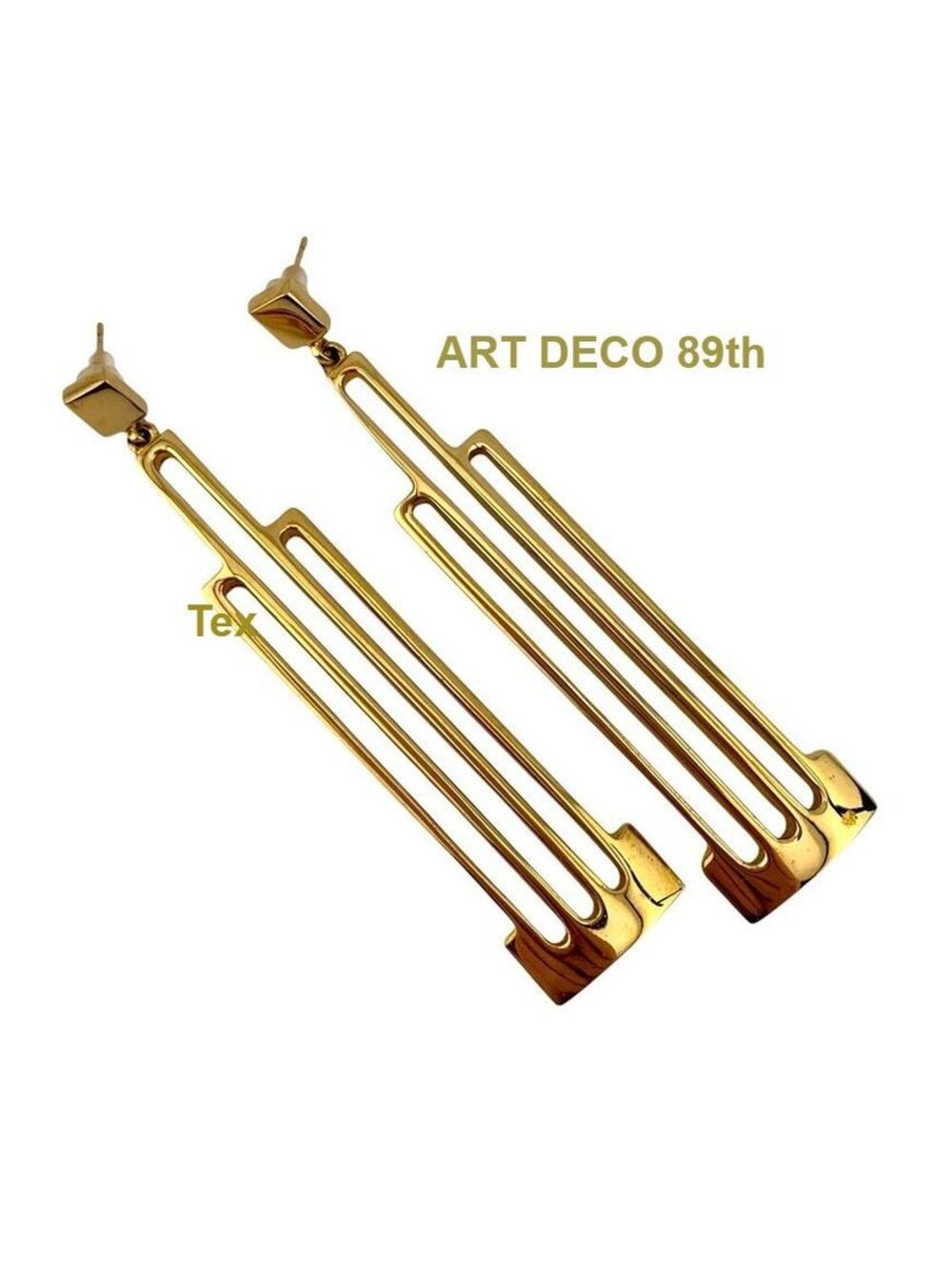 RARE Vintage ART DECO 89th Signed Gold Plate Art Deco Style Post Earrings 3 inch